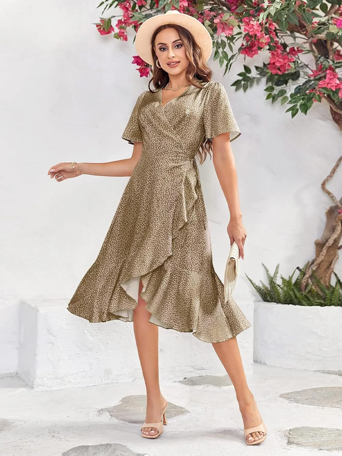 Febriajuce Women's Summer Wrap Maxi Dress Casual Boho Floral V Neck Short Sleeve Ruffle Hem Flowy Split Beach Long Dresses