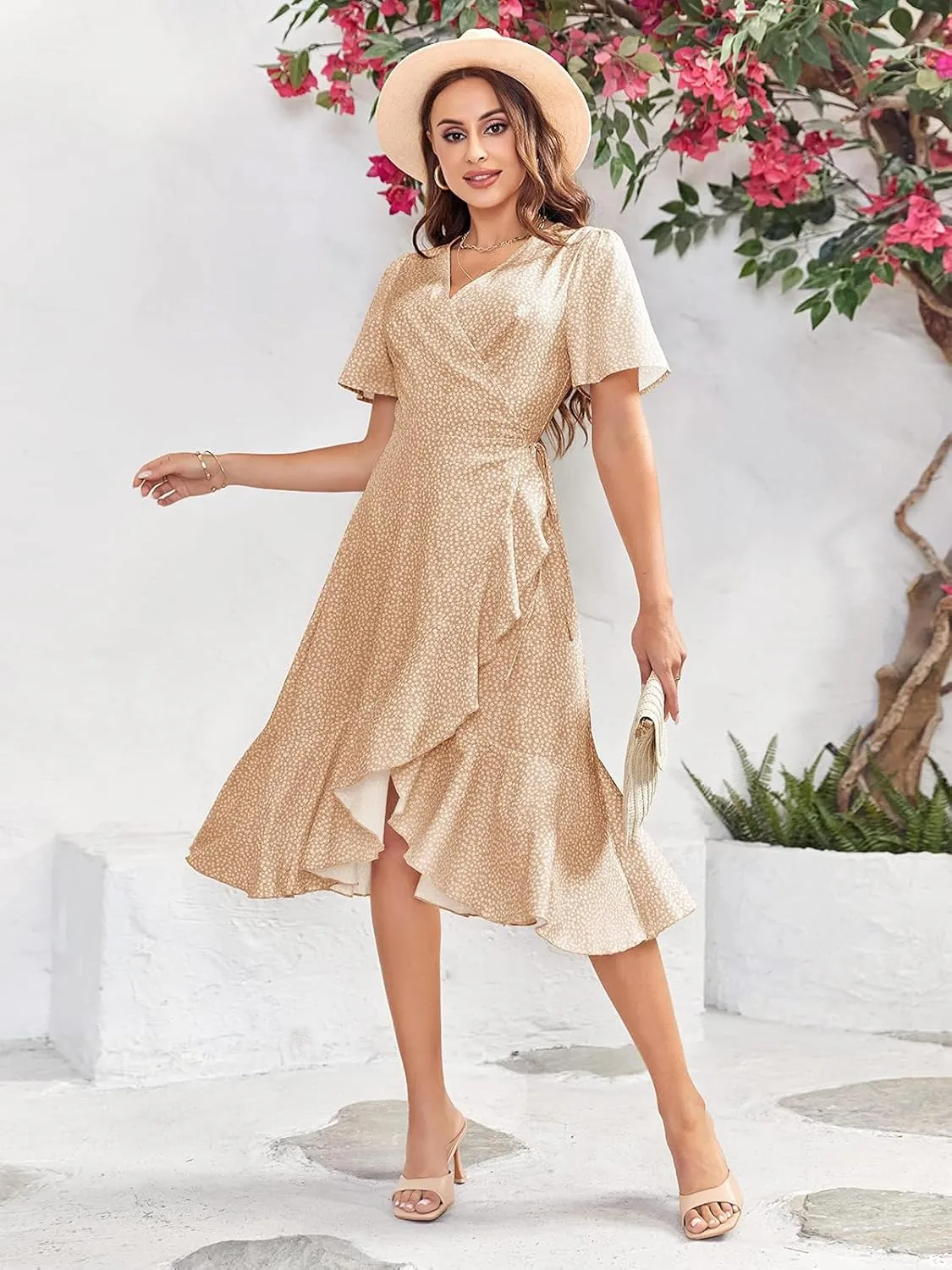 Febriajuce Women's Summer Wrap Maxi Dress Casual Boho Floral V Neck Short Sleeve Ruffle Hem Flowy Split Beach Long Dresses