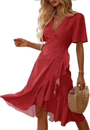 Febriajuce Women's Summer Wrap Maxi Dress Casual Boho Floral V Neck Short Sleeve Ruffle Hem Flowy Split Beach Long Dresses