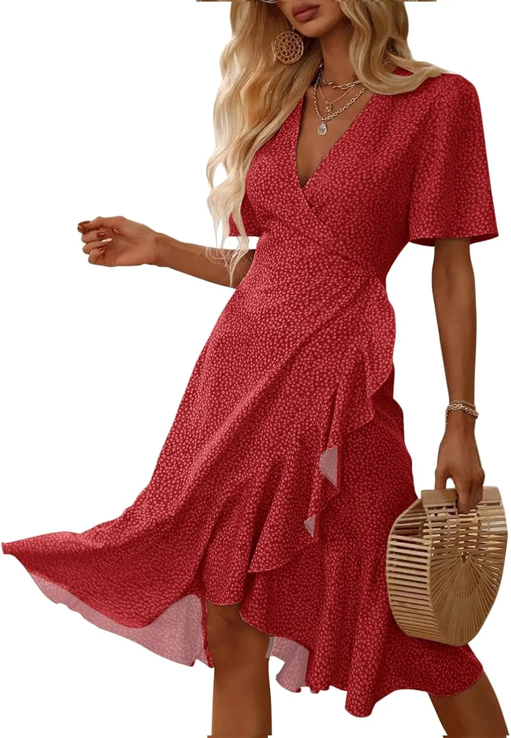 Febriajuce Women's Summer Wrap Maxi Dress Casual Boho Floral V Neck Short Sleeve Ruffle Hem Flowy Split Beach Long Dresses