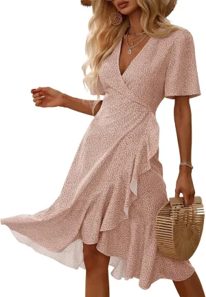 Febriajuce Women's Summer Wrap Maxi Dress Casual Boho Floral V Neck Short Sleeve Ruffle Hem Flowy Split Beach Long Dresses