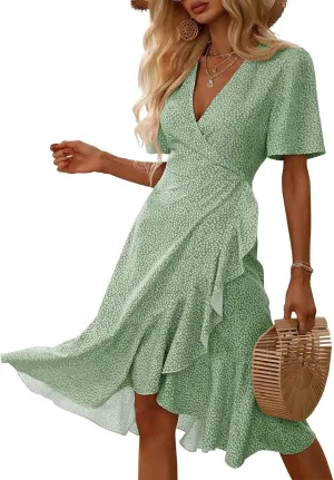 Febriajuce Women's Summer Wrap Maxi Dress Casual Boho Floral V Neck Short Sleeve Ruffle Hem Flowy Split Beach Long Dresses