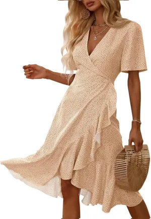 Febriajuce Women's Summer Wrap Maxi Dress Casual Boho Floral V Neck Short Sleeve Ruffle Hem Flowy Split Beach Long Dresses