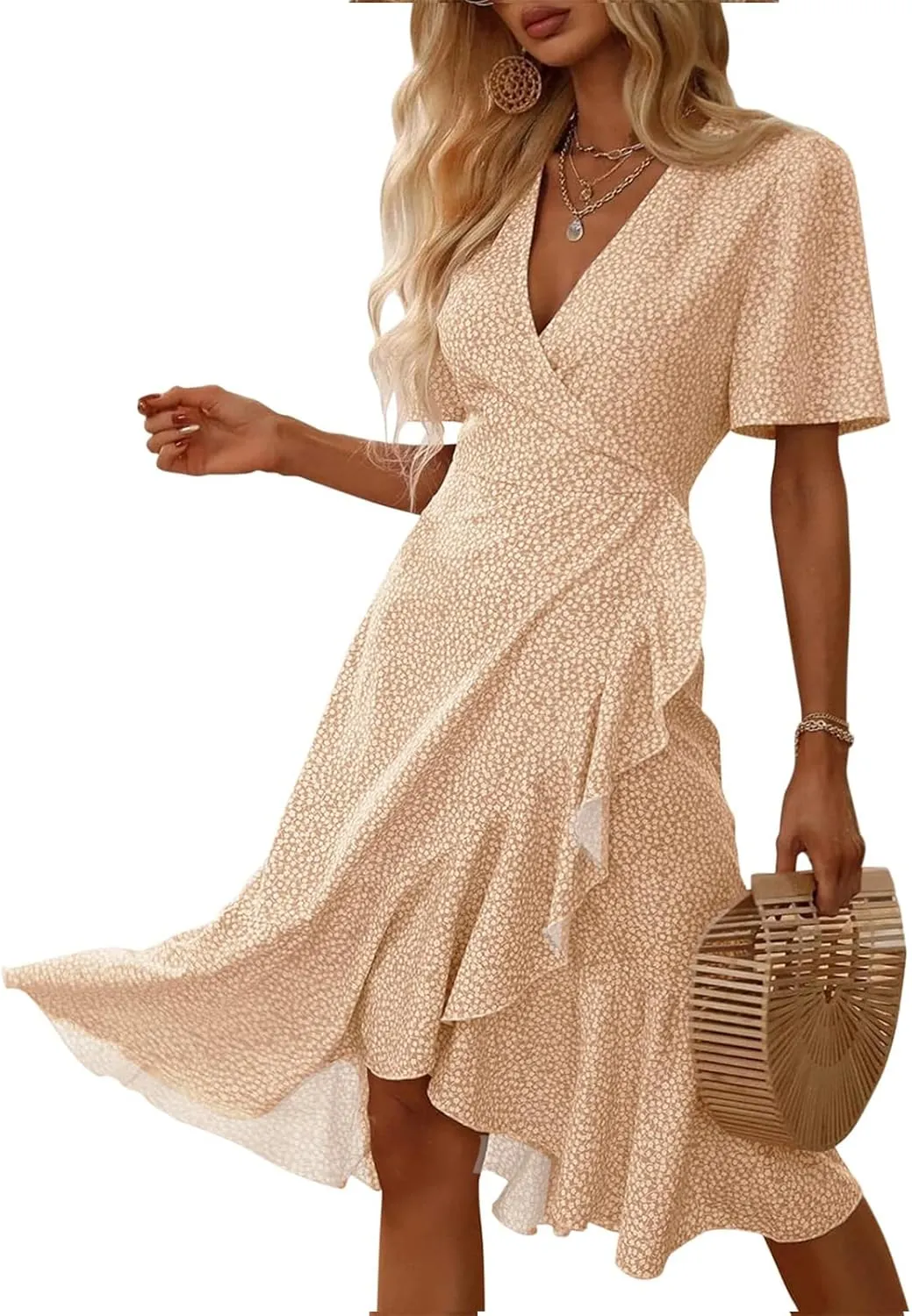 Febriajuce Women's Summer Wrap Maxi Dress Casual Boho Floral V Neck Short Sleeve Ruffle Hem Flowy Split Beach Long Dresses