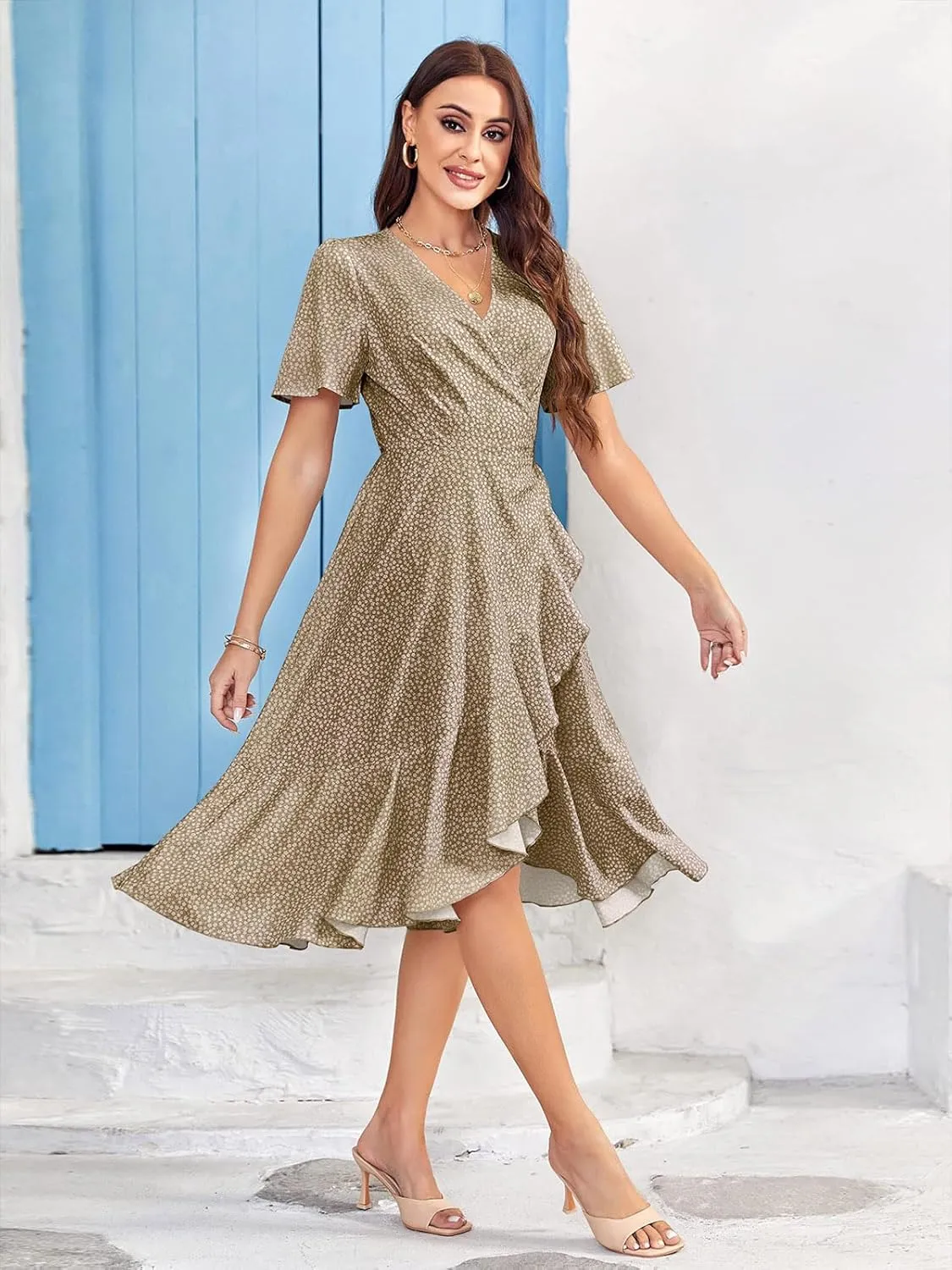 Febriajuce Women's Summer Wrap Maxi Dress Casual Boho Floral V Neck Short Sleeve Ruffle Hem Flowy Split Beach Long Dresses