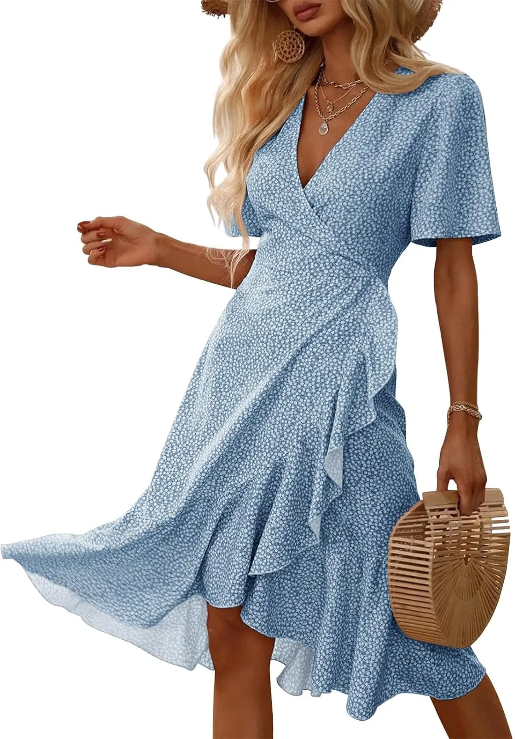 Febriajuce Women's Summer Wrap Maxi Dress Casual Boho Floral V Neck Short Sleeve Ruffle Hem Flowy Split Beach Long Dresses