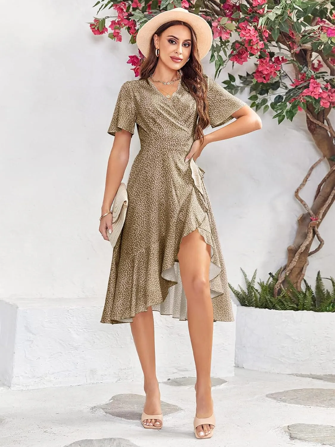 Febriajuce Women's Summer Wrap Maxi Dress Casual Boho Floral V Neck Short Sleeve Ruffle Hem Flowy Split Beach Long Dresses
