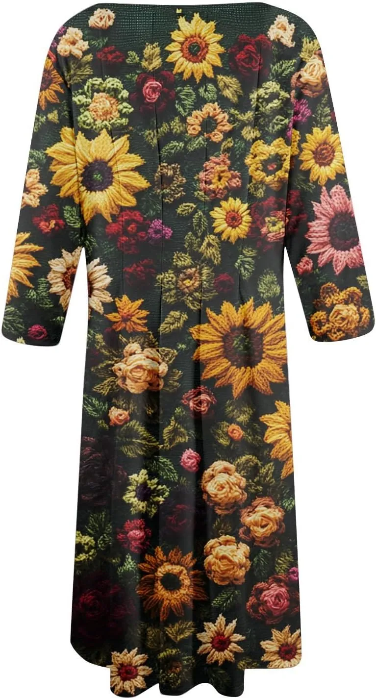 Fit and Flare Dress for Women Midi 3/4 Length Sleeve Dress Crewneck Dresses 2025 Casual Spring Dress