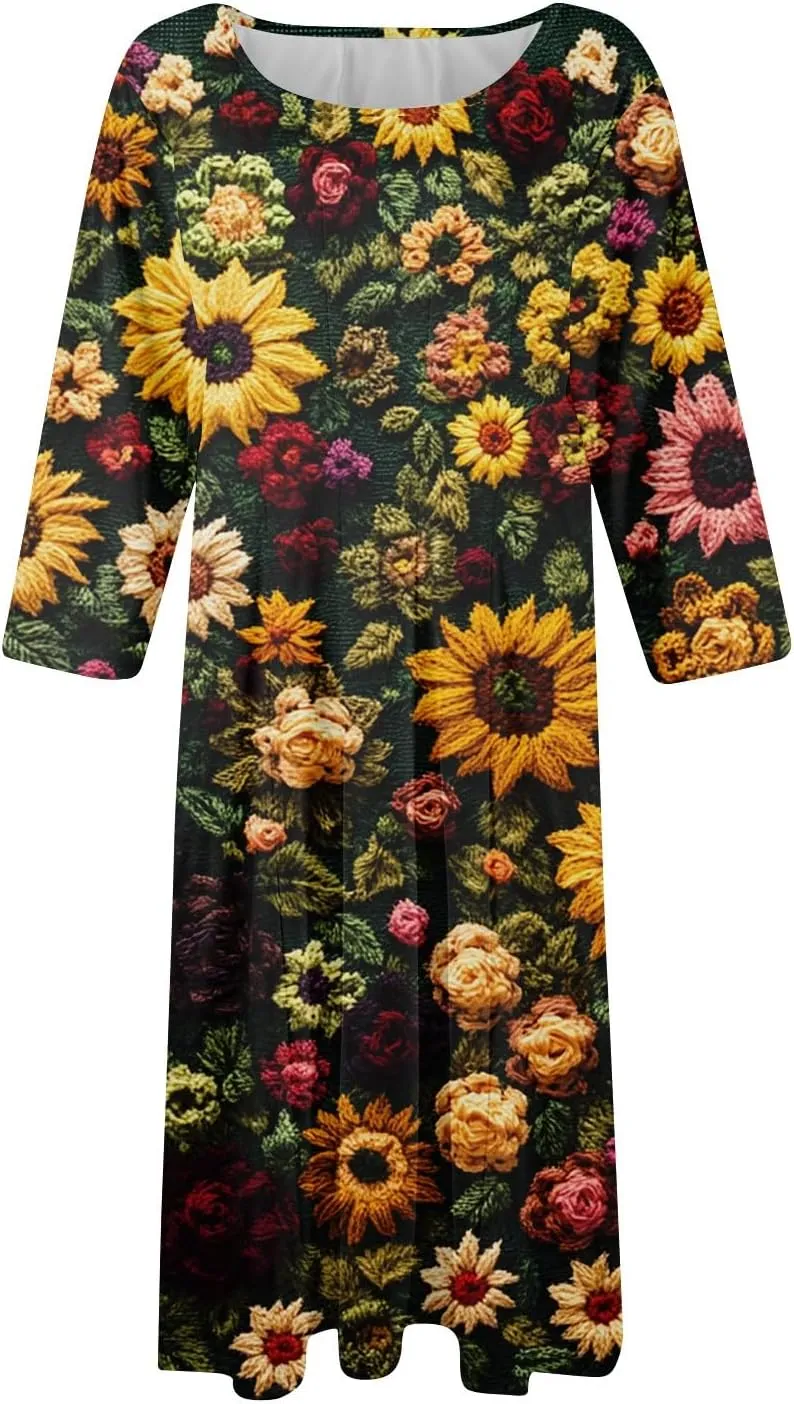 Fit and Flare Dress for Women Midi 3/4 Length Sleeve Dress Crewneck Dresses 2025 Casual Spring Dress