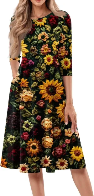 Fit and Flare Dress for Women Midi 3/4 Length Sleeve Dress Crewneck Dresses 2025 Casual Spring Dress