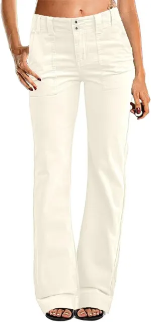 Flamingals Women's Wide Leg Pants for Women Mid Waist Dress Flare Straight Leg Corduroy Pants Workout Jeans Trendy
