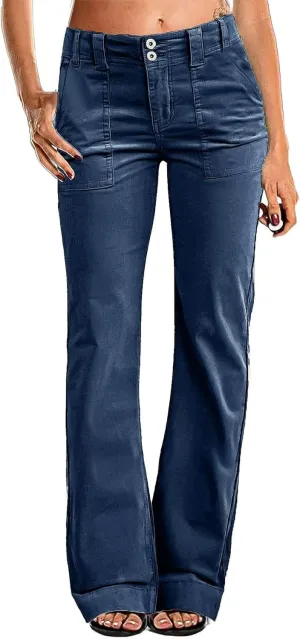 Flamingals Women's Wide Leg Pants for Women Mid Waist Dress Flare Straight Leg Corduroy Pants Workout Jeans Trendy