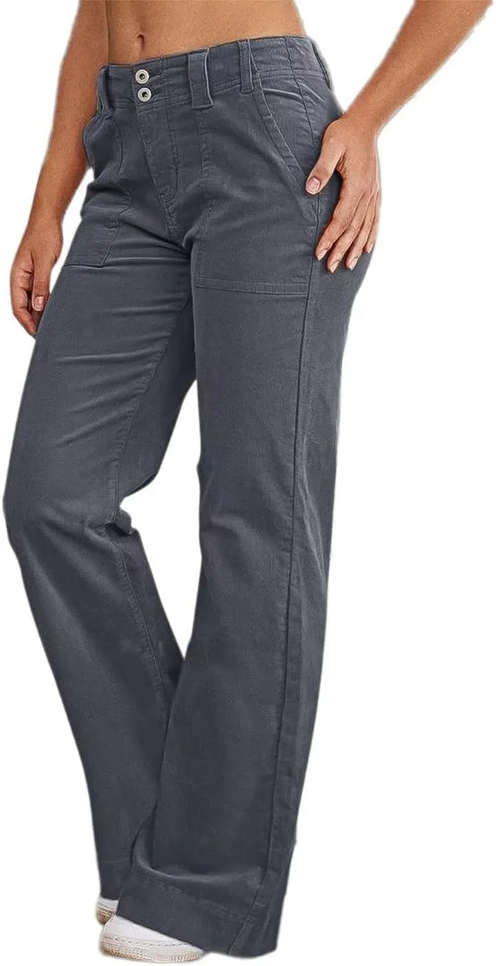 Flamingals Women's Wide Leg Pants for Women Mid Waist Dress Flare Straight Leg Corduroy Pants Workout Jeans Trendy