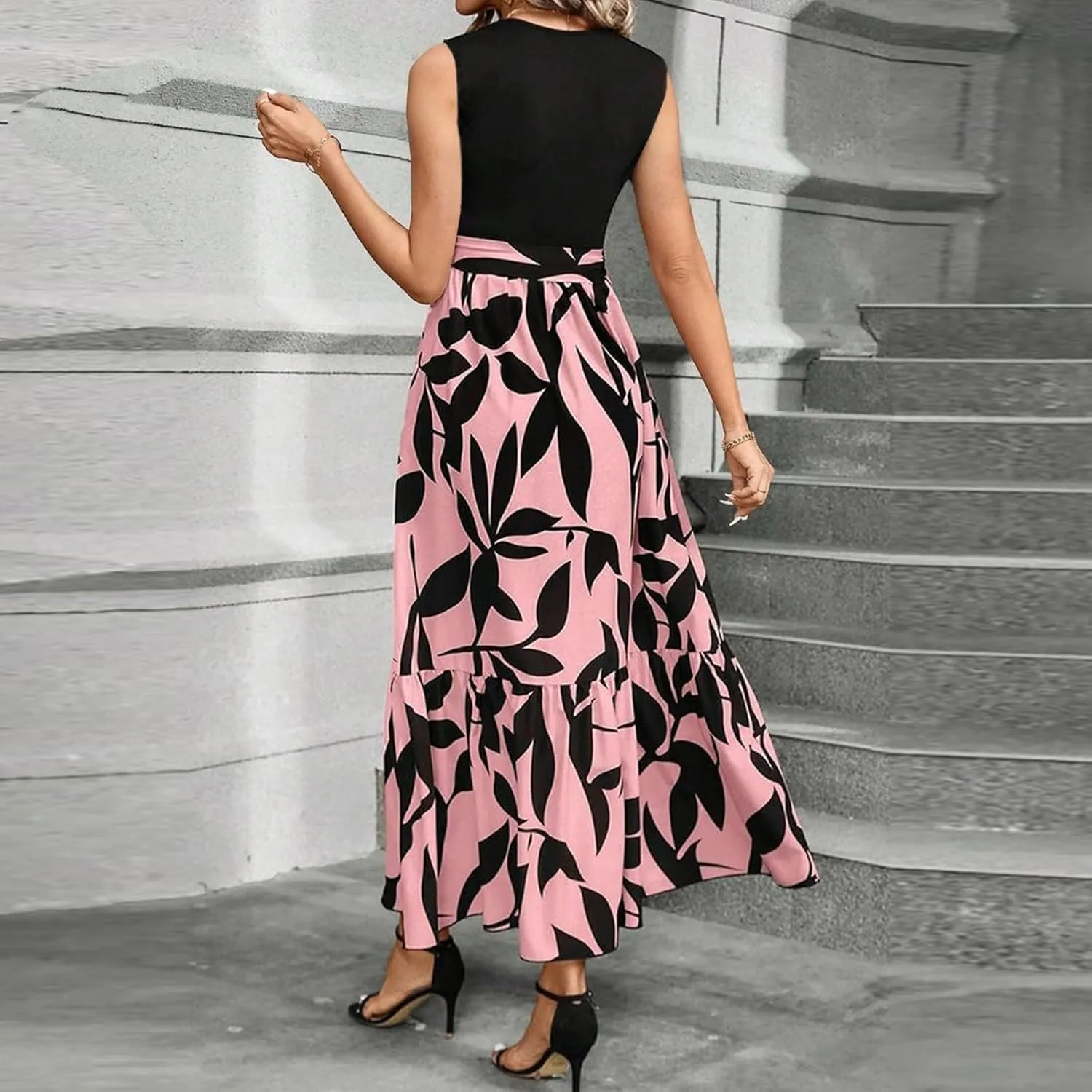 Floral Dress for Women Wedding Guest Elegant Tie Belted Patchwork Empire Waist Dress Sexy Modest Tank Long Sundresses