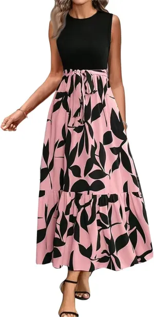 Floral Dress for Women Wedding Guest Elegant Tie Belted Patchwork Empire Waist Dress Sexy Modest Tank Long Sundresses