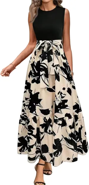 Floral Dress for Women Wedding Guest Elegant Tie Belted Patchwork Empire Waist Dress Sexy Modest Tank Long Sundresses