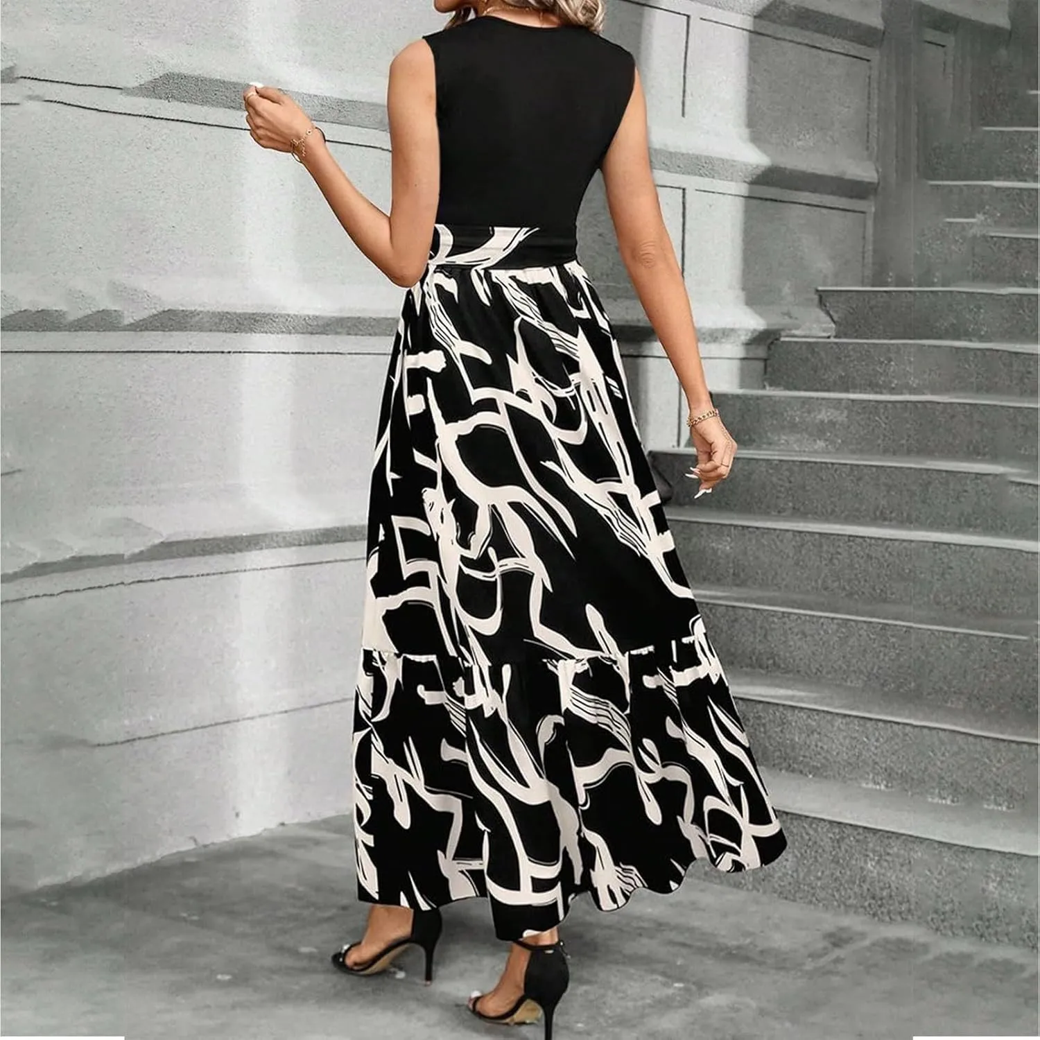 Floral Dress for Women Wedding Guest Elegant Tie Belted Patchwork Empire Waist Dress Sexy Modest Tank Long Sundresses