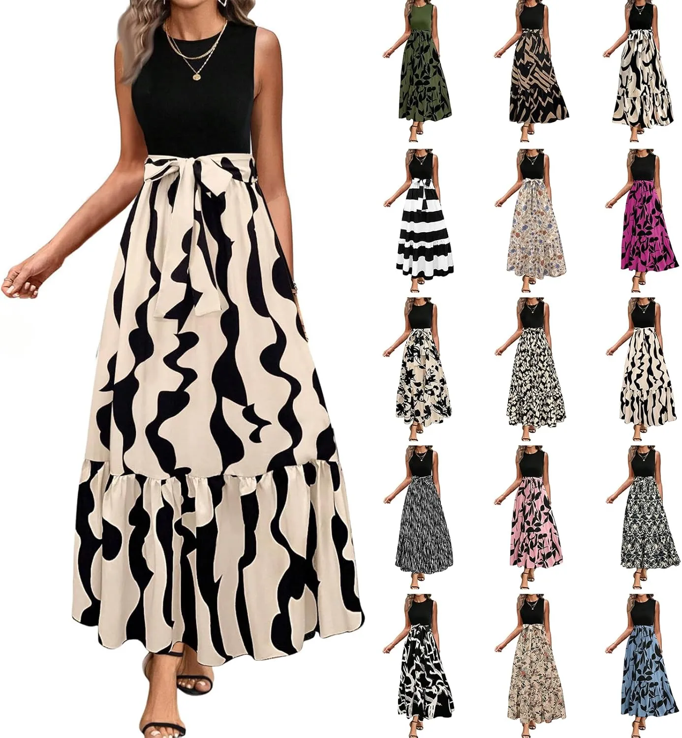 Floral Dress for Women Wedding Guest Elegant Tie Belted Patchwork Empire Waist Dress Sexy Modest Tank Long Sundresses