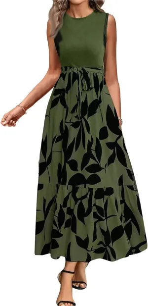 Floral Dress for Women Wedding Guest Elegant Tie Belted Patchwork Empire Waist Dress Sexy Modest Tank Long Sundresses