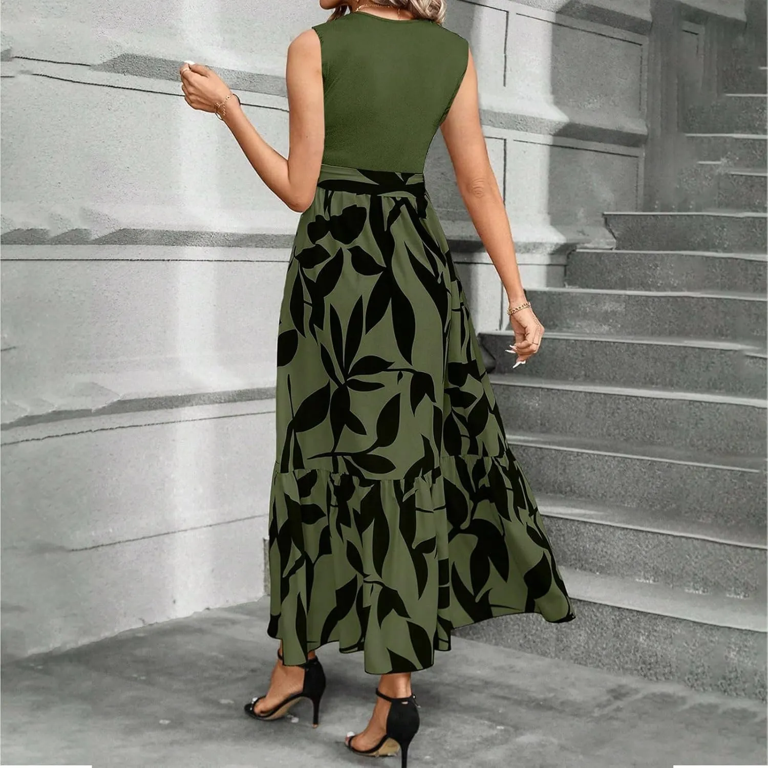 Floral Dress for Women Wedding Guest Elegant Tie Belted Patchwork Empire Waist Dress Sexy Modest Tank Long Sundresses