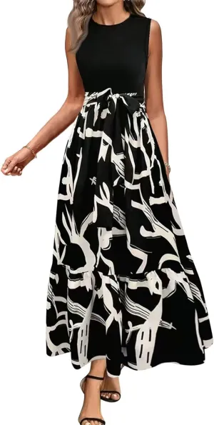 Floral Dress for Women Wedding Guest Elegant Tie Belted Patchwork Empire Waist Dress Sexy Modest Tank Long Sundresses