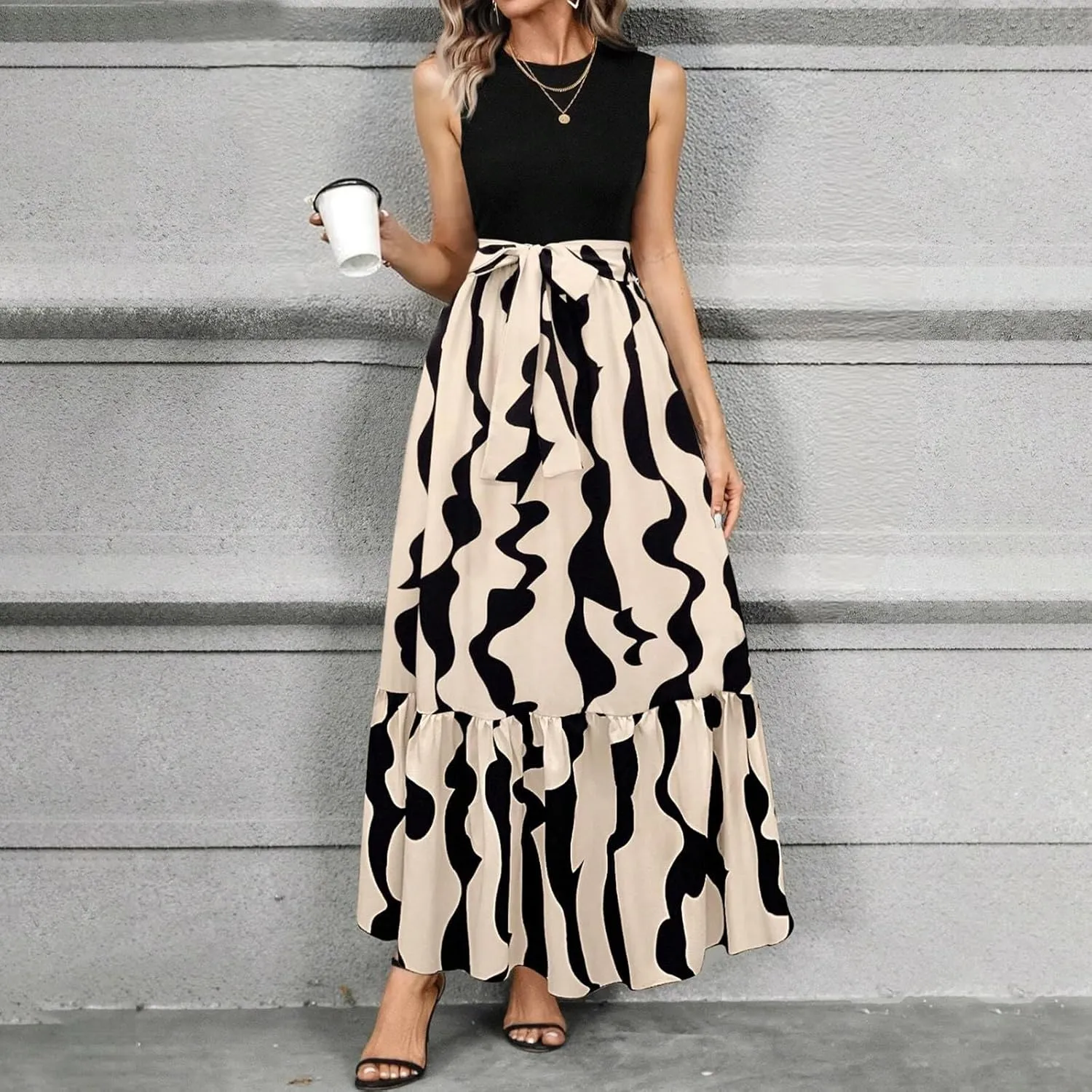 Floral Dress for Women Wedding Guest Elegant Tie Belted Patchwork Empire Waist Dress Sexy Modest Tank Long Sundresses