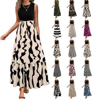 Floral Dress for Women Wedding Guest Elegant Tie Belted Patchwork Empire Waist Dress Sexy Modest Tank Long Sundresses
