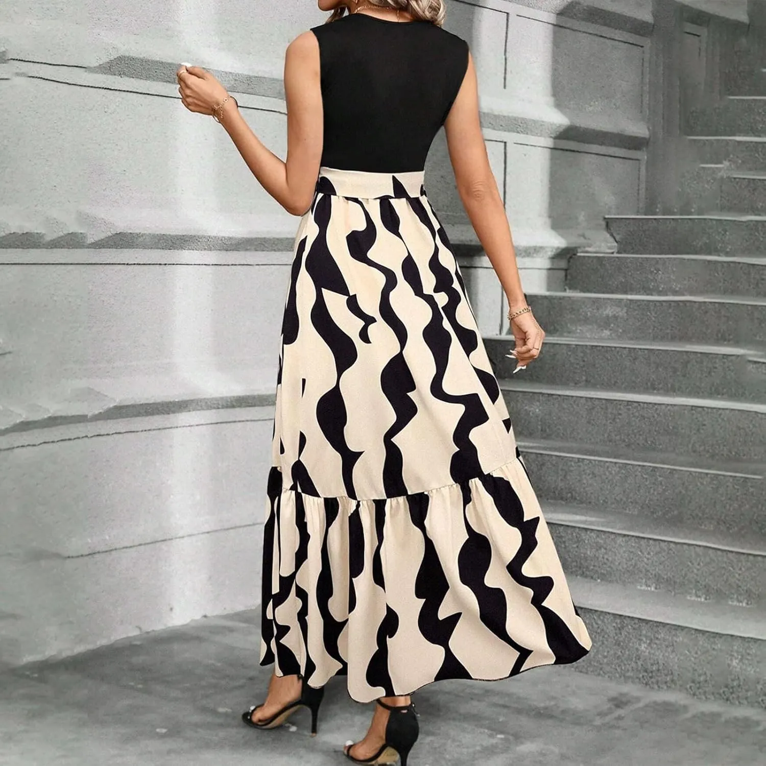 Floral Dress for Women Wedding Guest Elegant Tie Belted Patchwork Empire Waist Dress Sexy Modest Tank Long Sundresses