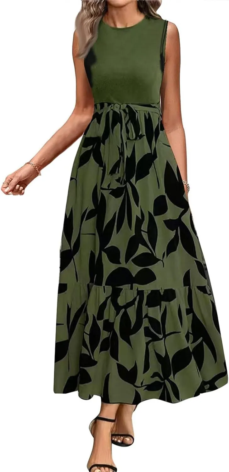 Floral Dress for Women Wedding Guest Elegant Tie Belted Patchwork Empire Waist Dress Sexy Modest Tank Long Sundresses