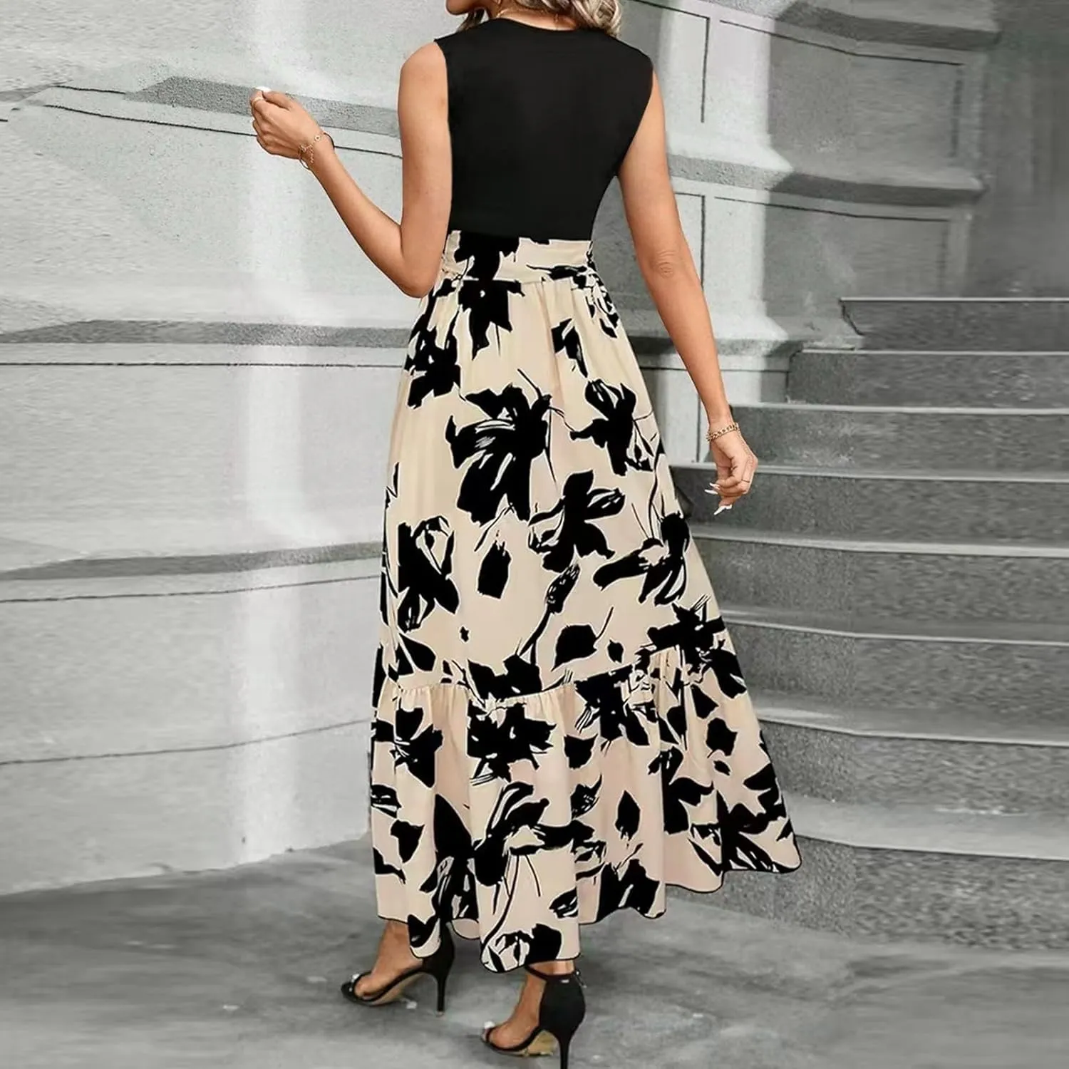 Floral Dress for Women Wedding Guest Elegant Tie Belted Patchwork Empire Waist Dress Sexy Modest Tank Long Sundresses