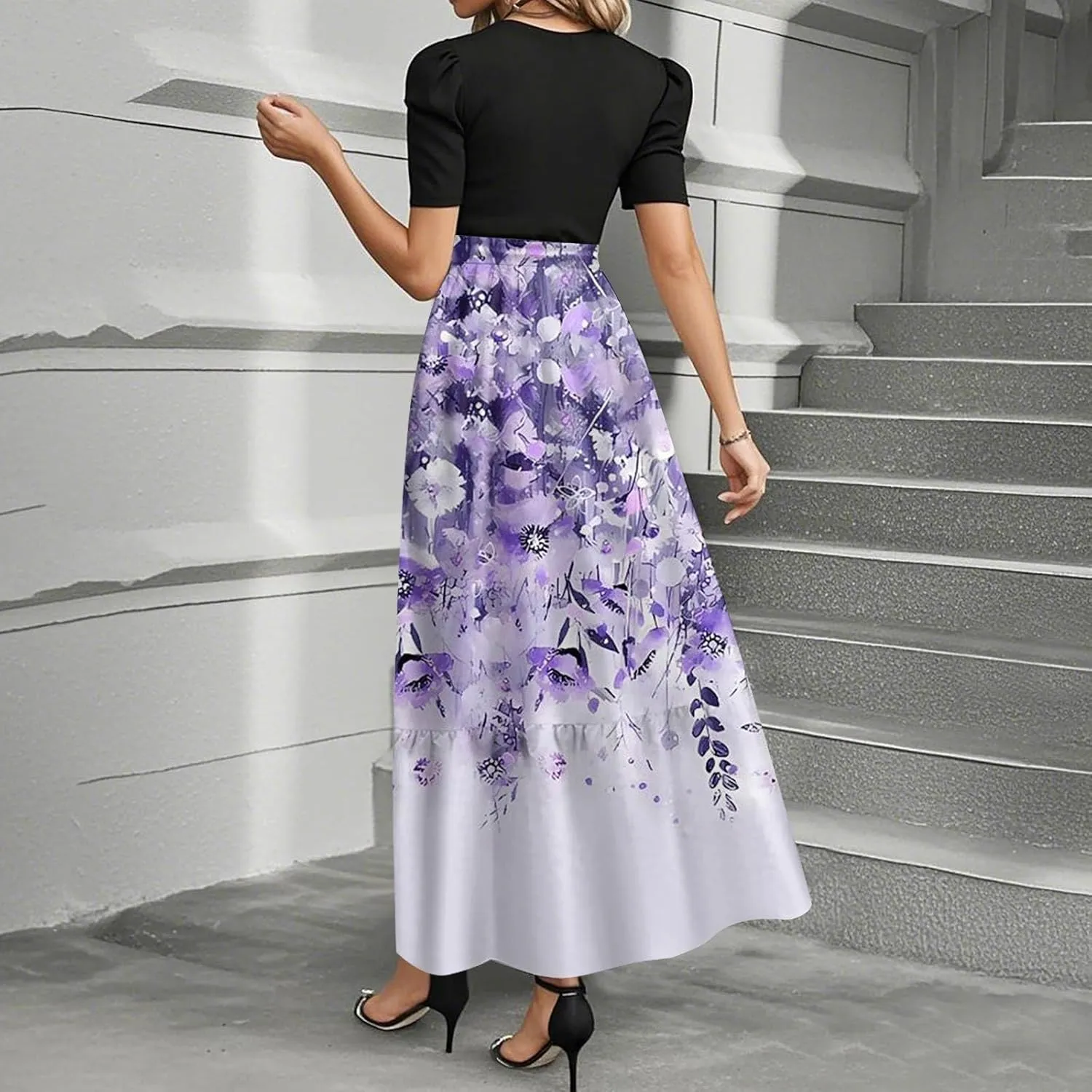 Floral Maxi Dress Spring Womens Long Dresses Short Sleeve Crew Neck Empire Waist Dress Elegant Tie Belted Dresses