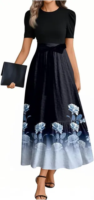 Floral Maxi Dress Spring Womens Long Dresses Short Sleeve Crew Neck Empire Waist Dress Elegant Tie Belted Dresses