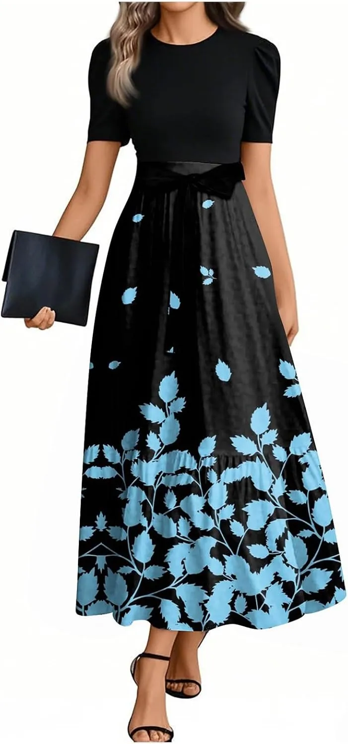 Floral Maxi Dress Spring Womens Long Dresses Short Sleeve Crew Neck Empire Waist Dress Elegant Tie Belted Dresses