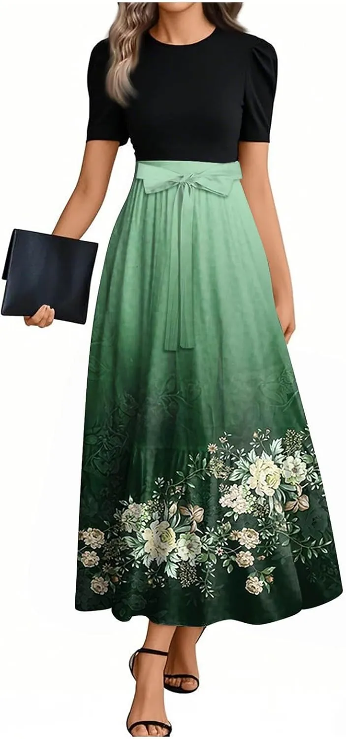 Floral Maxi Dress Spring Womens Long Dresses Short Sleeve Crew Neck Empire Waist Dress Elegant Tie Belted Dresses