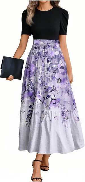 Floral Maxi Dress Spring Womens Long Dresses Short Sleeve Crew Neck Empire Waist Dress Elegant Tie Belted Dresses