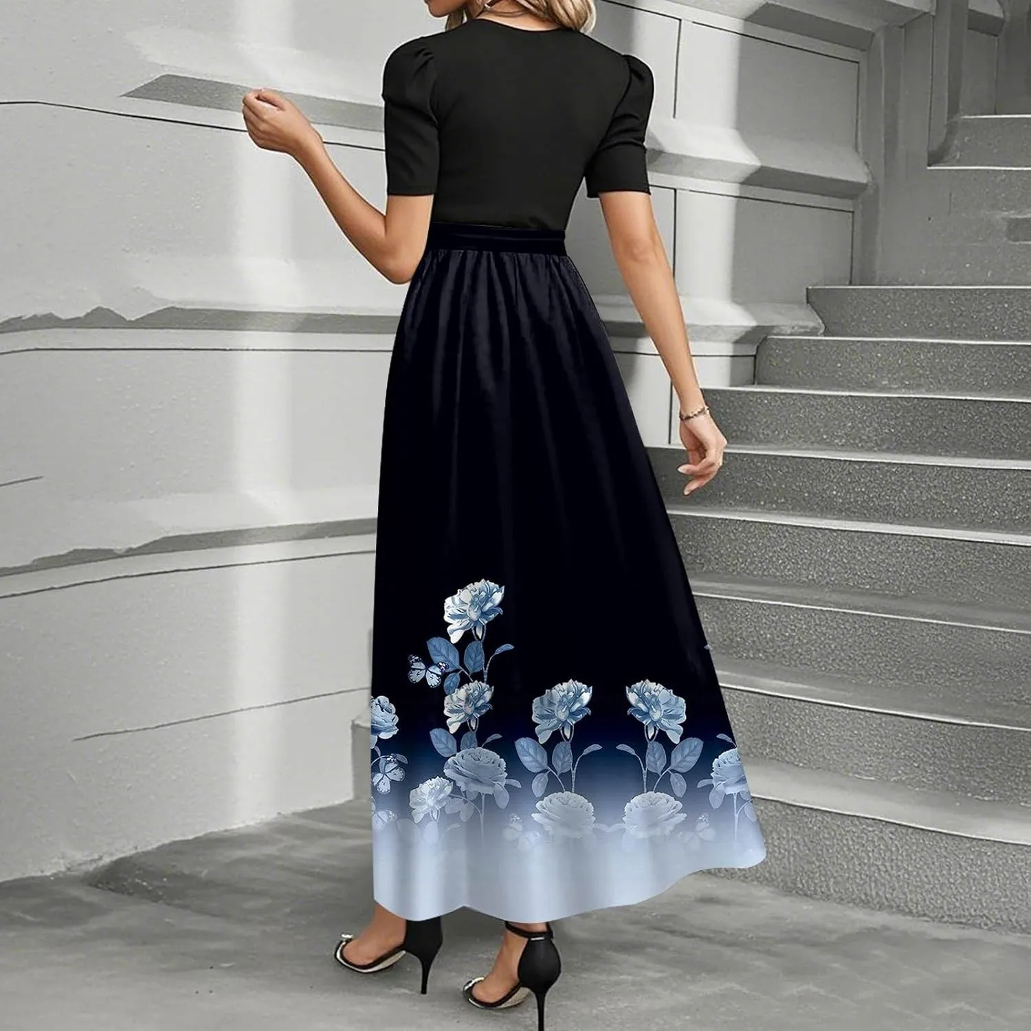 Floral Maxi Dress Spring Womens Long Dresses Short Sleeve Crew Neck Empire Waist Dress Elegant Tie Belted Dresses