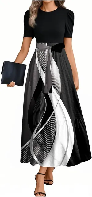 Floral Maxi Dress Spring Womens Long Dresses Short Sleeve Crew Neck Empire Waist Dress Elegant Tie Belted Dresses