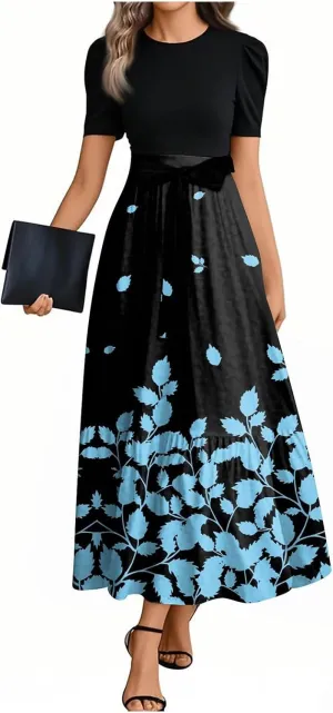 Floral Maxi Dress Spring Womens Long Dresses Short Sleeve Crew Neck Empire Waist Dress Elegant Tie Belted Dresses