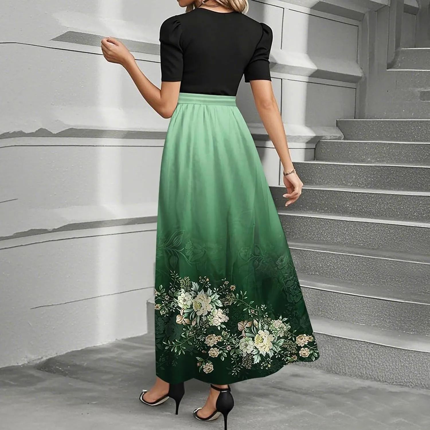 Floral Maxi Dress Spring Womens Long Dresses Short Sleeve Crew Neck Empire Waist Dress Elegant Tie Belted Dresses