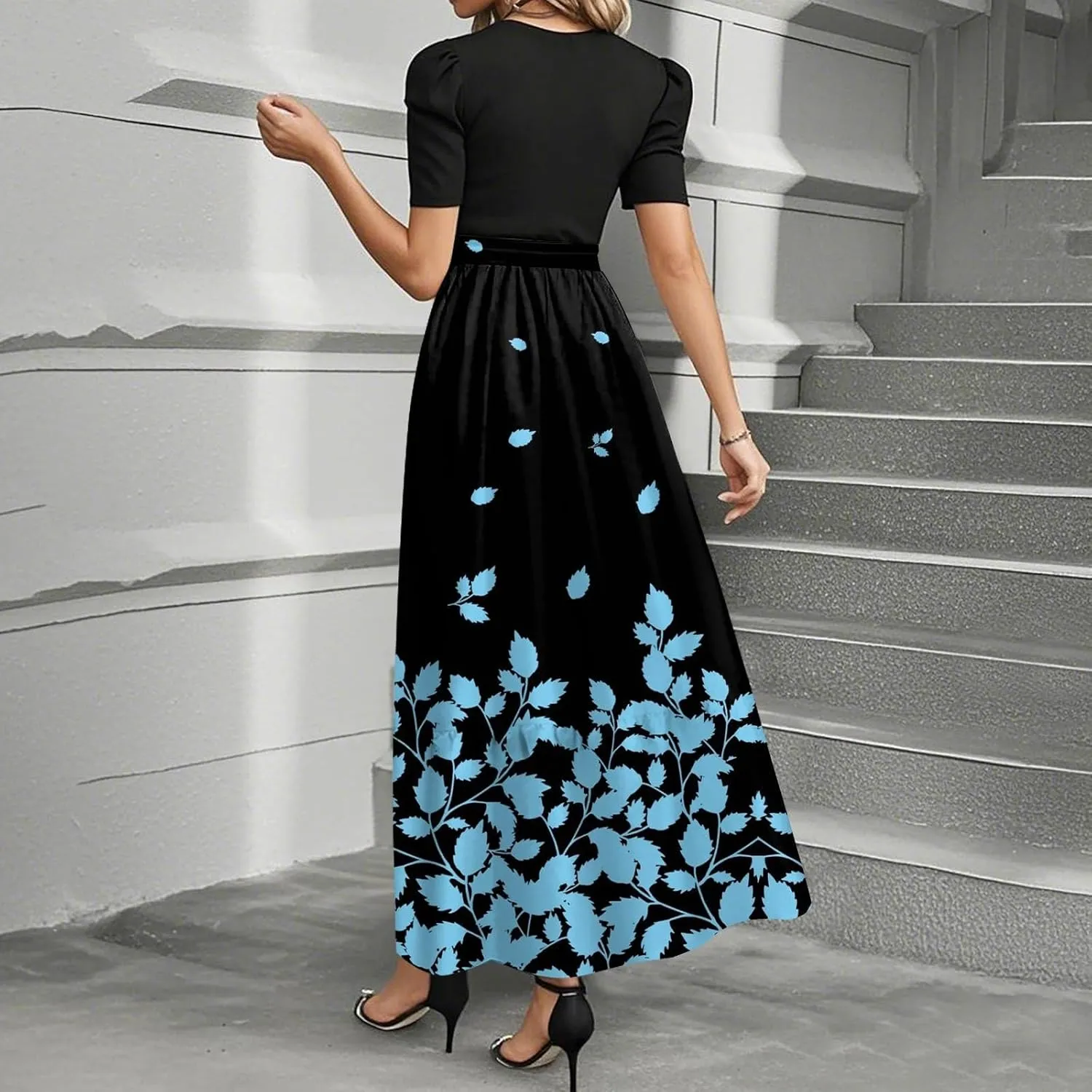 Floral Maxi Dress Spring Womens Long Dresses Short Sleeve Crew Neck Empire Waist Dress Elegant Tie Belted Dresses