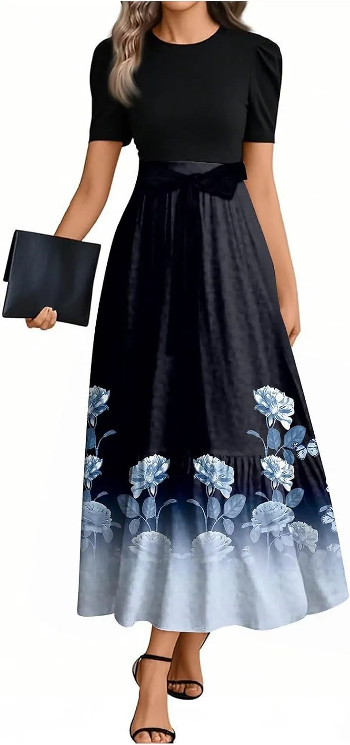 Floral Maxi Dress Spring Womens Long Dresses Short Sleeve Crew Neck Empire Waist Dress Elegant Tie Belted Dresses
