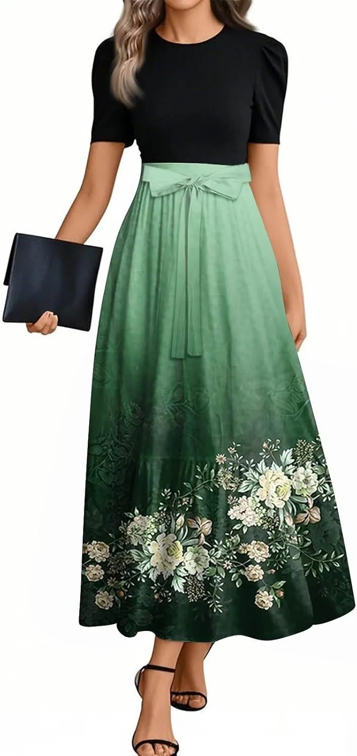 Floral Maxi Dress Spring Womens Long Dresses Short Sleeve Crew Neck Empire Waist Dress Elegant Tie Belted Dresses
