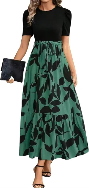 Floral Maxi Dresses for Women 2025 Summer Patchwork Pleated Hem Elegant Dress Long Boho Flowy Modest Dress with Belted