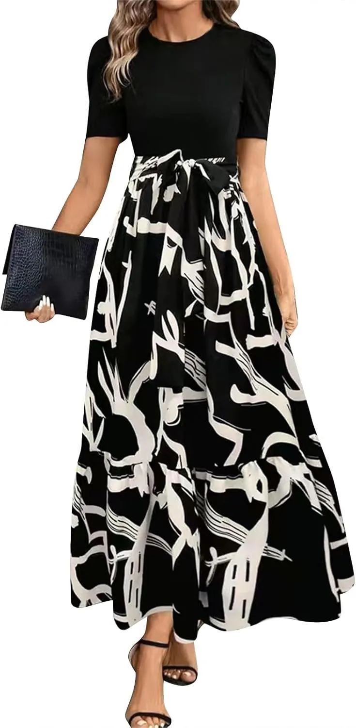 Floral Maxi Dresses for Women 2025 Summer Patchwork Pleated Hem Elegant Dress Long Boho Flowy Modest Dress with Belted