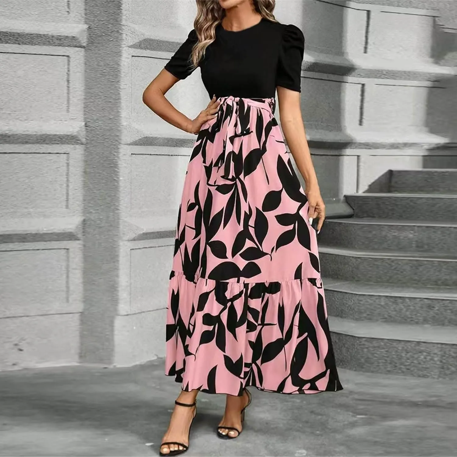 Floral Maxi Dresses for Women 2025 Summer Patchwork Pleated Hem Elegant Dress Long Boho Flowy Modest Dress with Belted