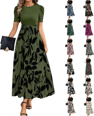 Floral Maxi Dresses for Women 2025 Summer Patchwork Pleated Hem Elegant Dress Long Boho Flowy Modest Dress with Belted
