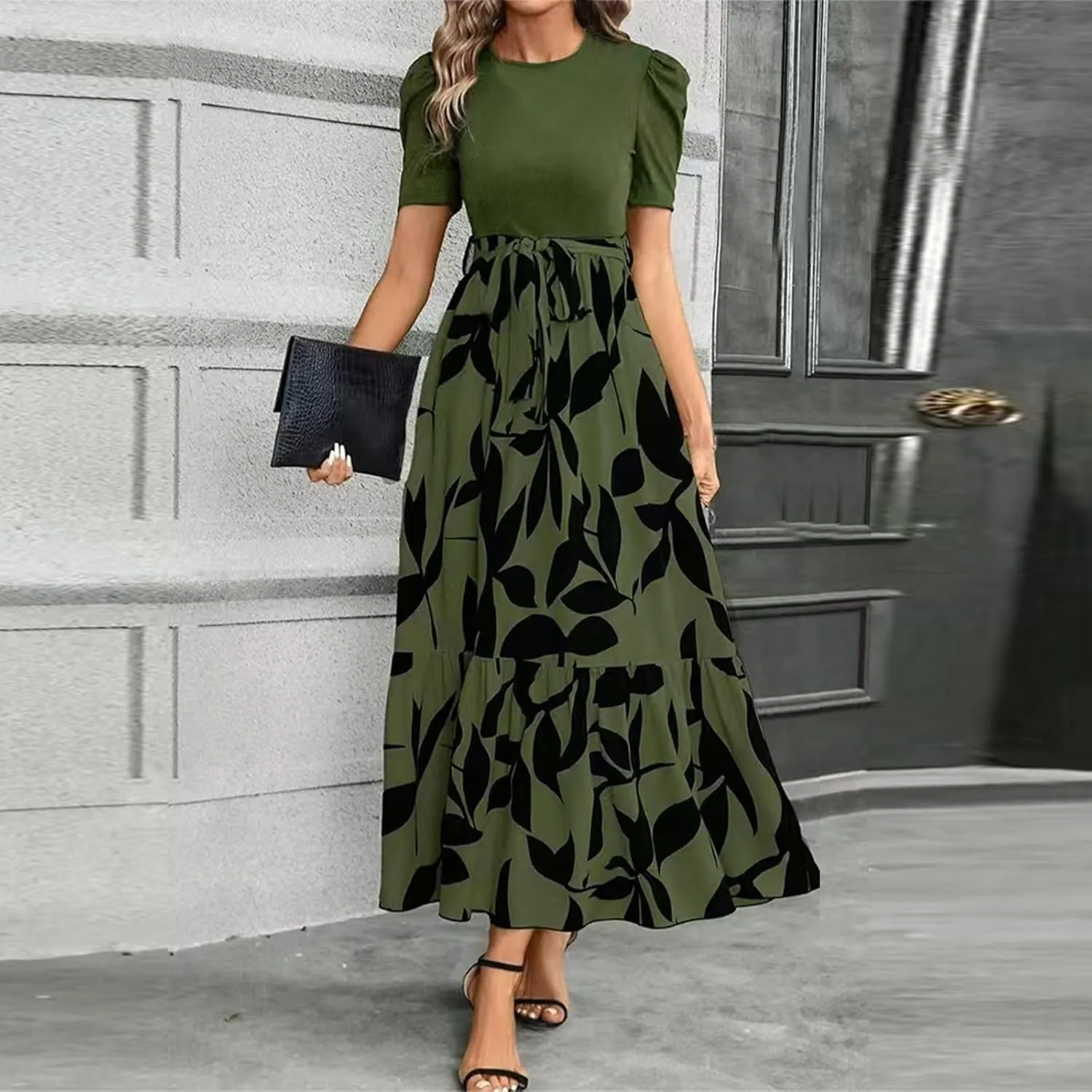 Floral Maxi Dresses for Women 2025 Summer Patchwork Pleated Hem Elegant Dress Long Boho Flowy Modest Dress with Belted