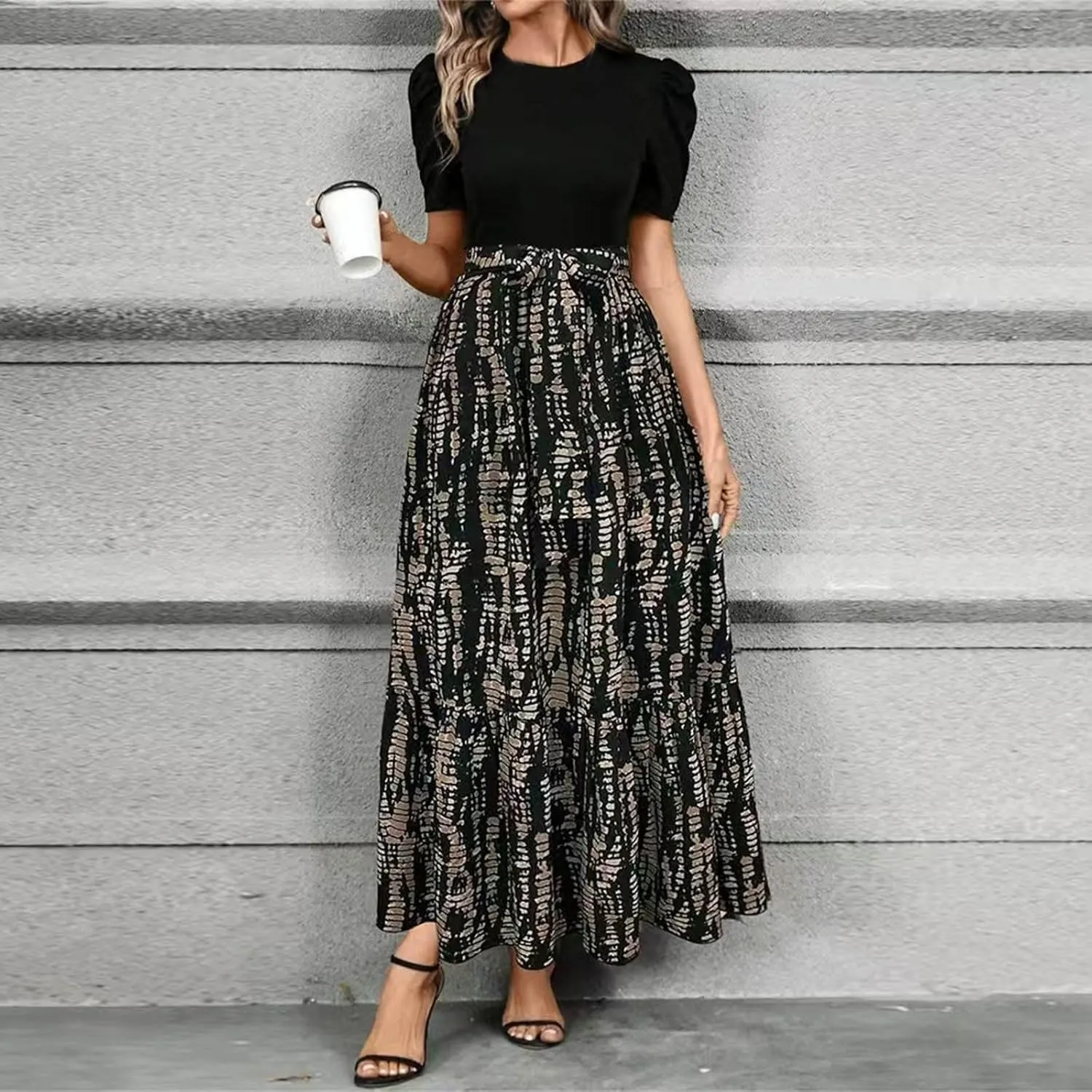 Floral Maxi Dresses for Women 2025 Summer Patchwork Pleated Hem Elegant Dress Long Boho Flowy Modest Dress with Belted