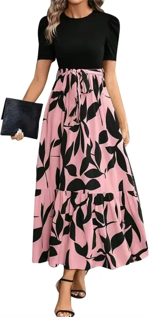 Floral Maxi Dresses for Women 2025 Summer Patchwork Pleated Hem Elegant Dress Long Boho Flowy Modest Dress with Belted