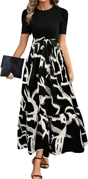 Floral Maxi Dresses for Women 2025 Summer Patchwork Pleated Hem Elegant Dress Long Boho Flowy Modest Dress with Belted